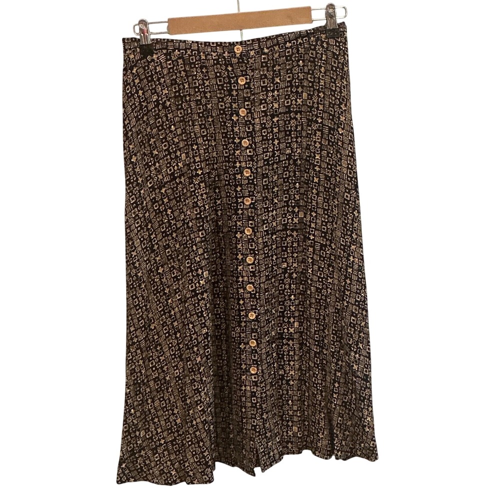 Vintage Womens Button Front Skirt 12 Black Tan 90s Modest Fairy Grunge Fall Boho
